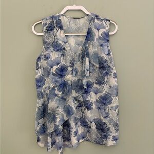 Elie Tahari Blue and White Floral Printed Ruffle-Front Sleeveless Blouse Size M